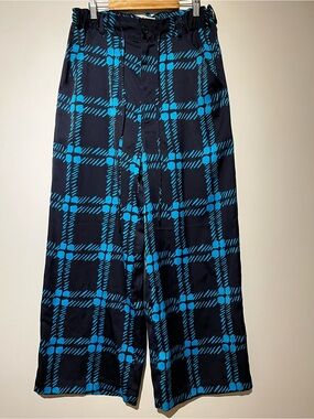 Marni x Uniqlo Wide Leg Plaid Pants with Bright Blue Grid
